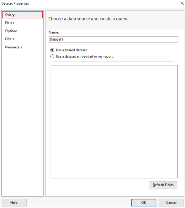 クエリ オプションが強調表示されている [データセット プロパティ] ダイアログのスクリーンショット。