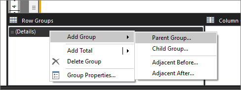 レポート ビルダーの自由形式レポートに親グループを追加する方法を示すスクリーンショット。
