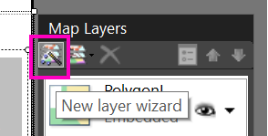 [マップ レイヤー] ペインの [レイヤーの新規作成] ウィザード アイコンが選択されたスクリーンショット。