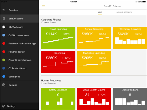 iOS 用 Power BI Mobile アプリのインターフェイスのスクリーンショット。