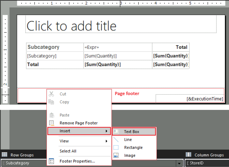 レポートのページ フッターにテキスト ボックスを挿入するオプションを選択する方法を示すスクリーンショット。