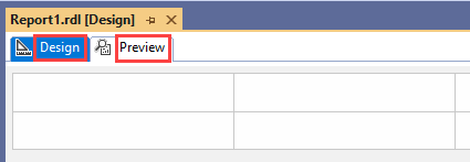 レポート デザイナー デザイン 画面のスクリーンショット。レポート定義ファイルの [デザイン] タブと [プレビュー] タブが強調表示されています。