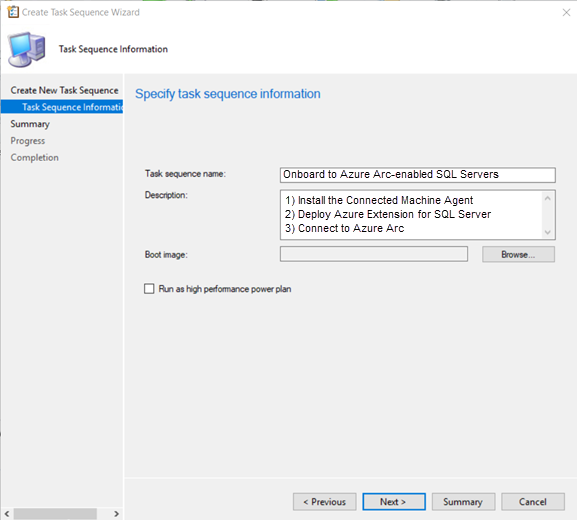 Configuration Manager でのタスク シーケンスの作成ウィザードのスクリーンショット。