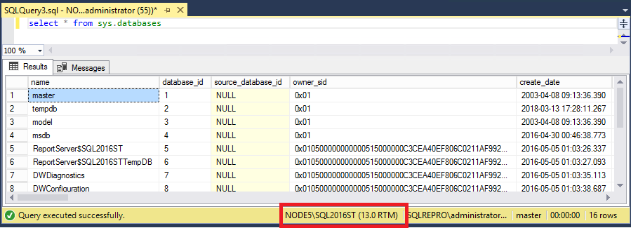 クエリ ウィンドウの SQL Server インスタンス名