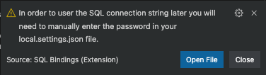 後で SQL 接続文字列にパスワードを手動で追加するよう警告するスクリーンショット。