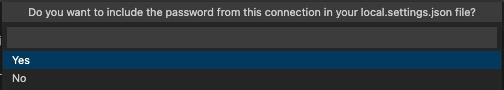 パスワードを SQL 接続文字列に保存するかどうかを確認するプロンプトのスクリーンショット。