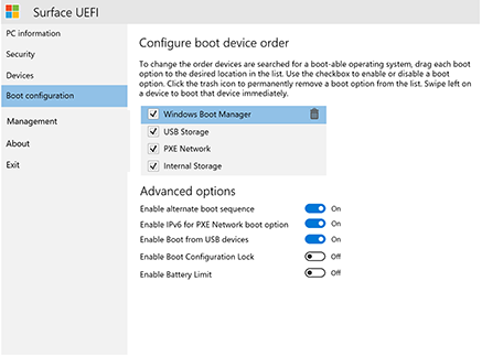 Surface デバイスのブート順序を構成します。