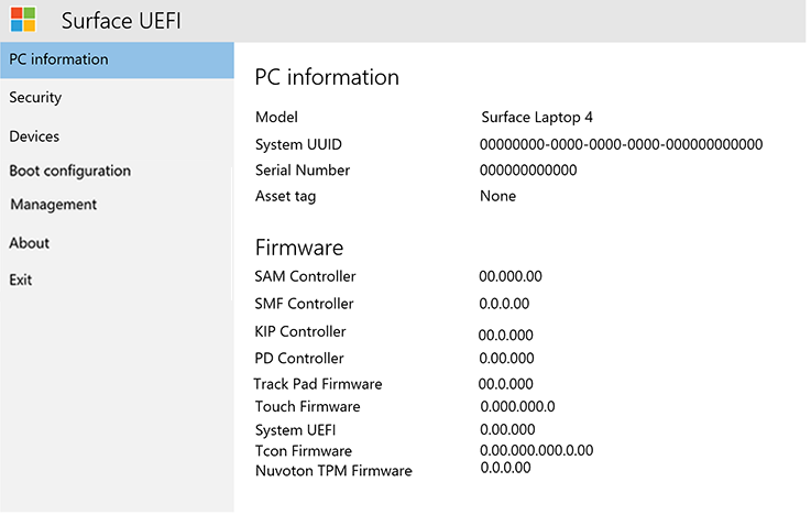 システム情報とファームウェアのバージョン情報。