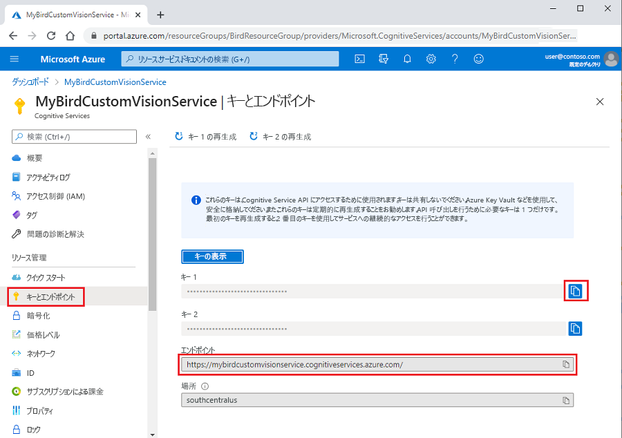 Screenshot that highlights the endpoint and key values for a Custom Vision resource in the Azure portal.