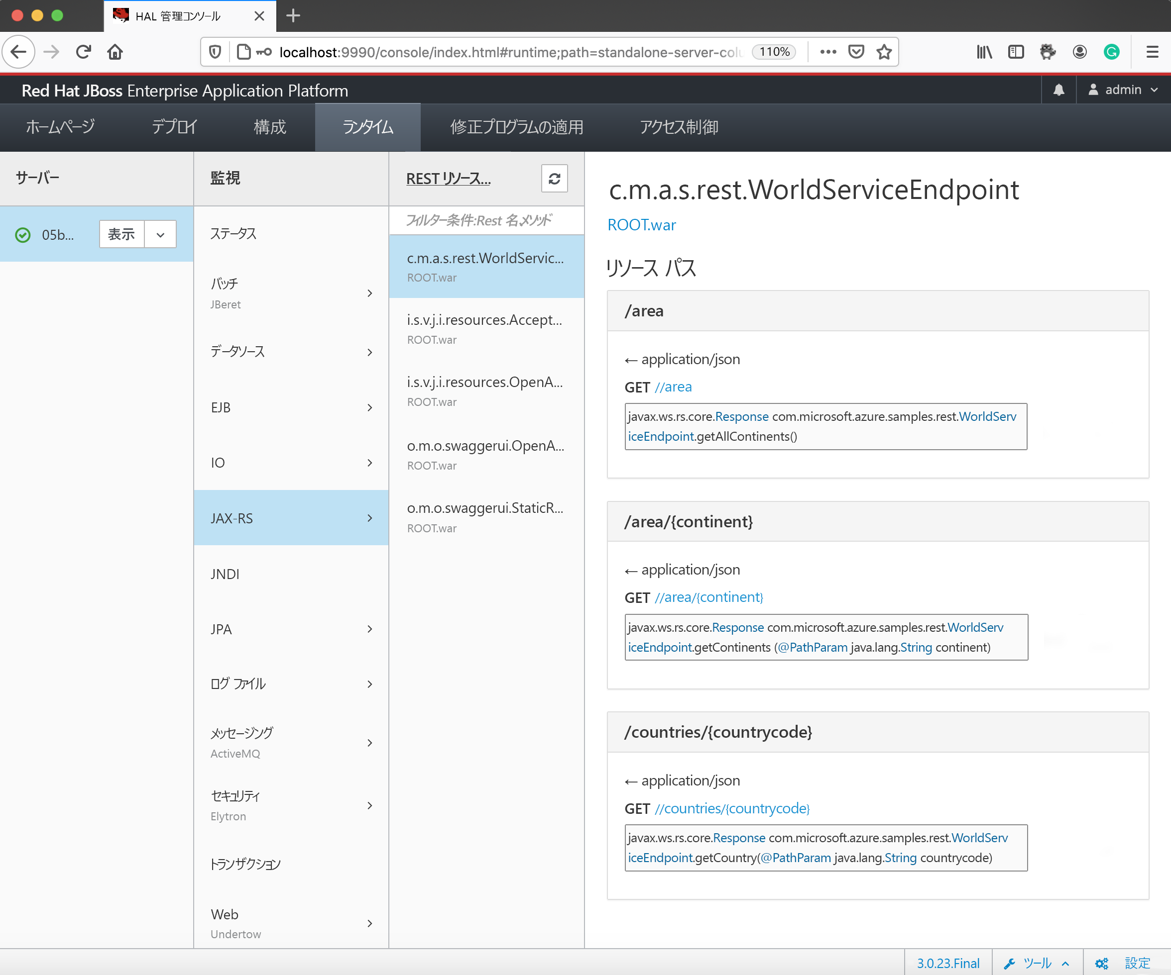 Screenshot that shows RESTful endpoints on the admin console.