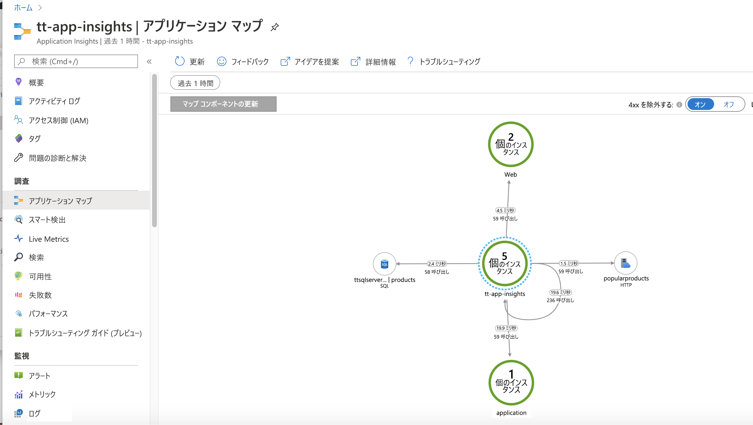 Screenshot of the Application map panel in Azure portal displaying several components and the stats for traffic between them.