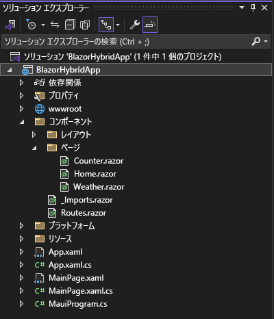 Visual Studio 2022 ソリューション エクスプローラーと既定の .NET MAUI Blazor プロジェクトのファイル リストのスクリーンショット。