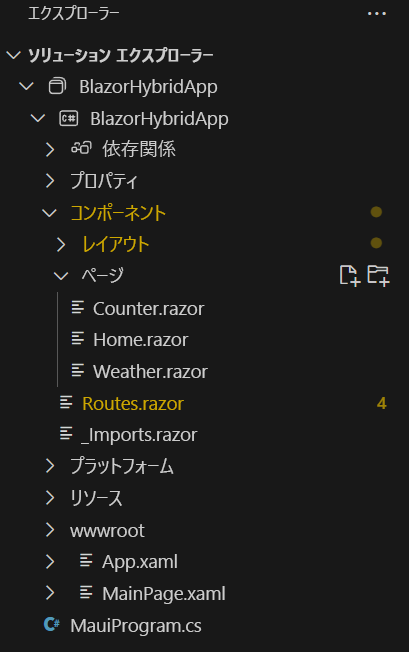 Visual Studio Code ソリューション エクスプローラーと既定の .NET MAUI Blazor プロジェクトのファイル リストのスクリーンショット。