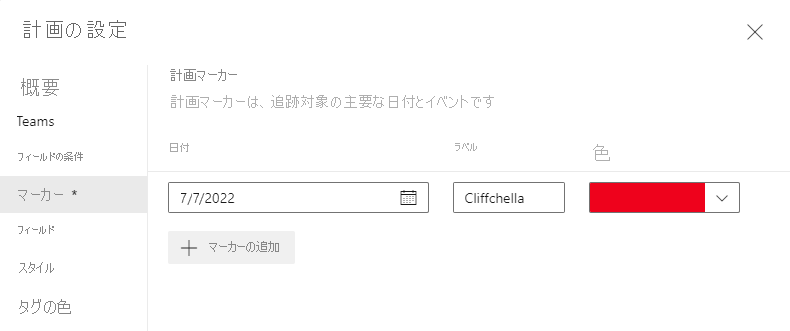 Cliffchella イベントのマイルストーン マーカーを追加する場面のスクリーンショット。