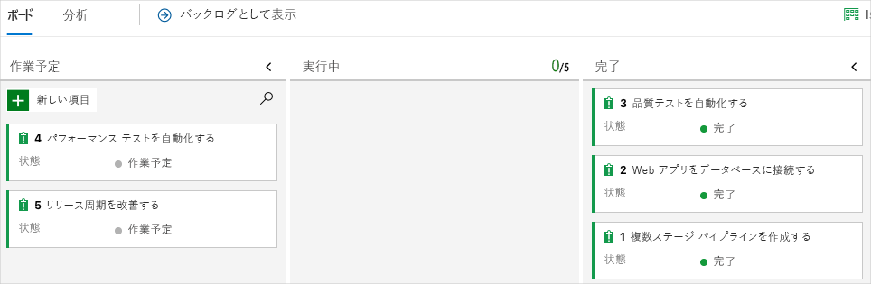 [完了] 列にカードが示されている Azure Boards のスクリーンショット。