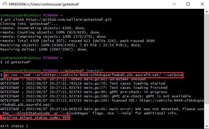 Screenshot of running GoTestWAF with Git and displaying 999 status code.