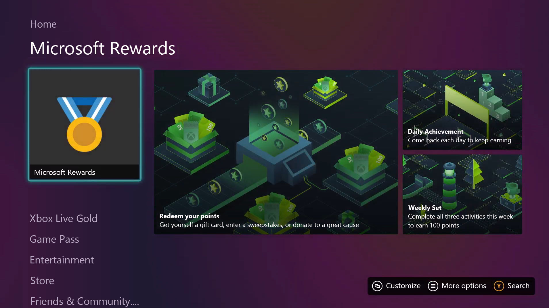 Xbox ホーム画面を示すスクリーンショット。[Microsoft Rewards] タブにフォーカスがあります。画像とその上のテキストで構成されたボタンが表示されています。ボタンの後ろには、紫とピンクのグラデーションの色パターンが表示されています。