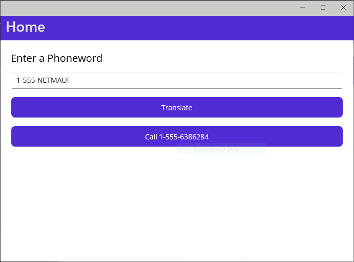 Phoneword UI のスクリーンショット。ユーザーはテキストを有効な電話番号に変換しました。