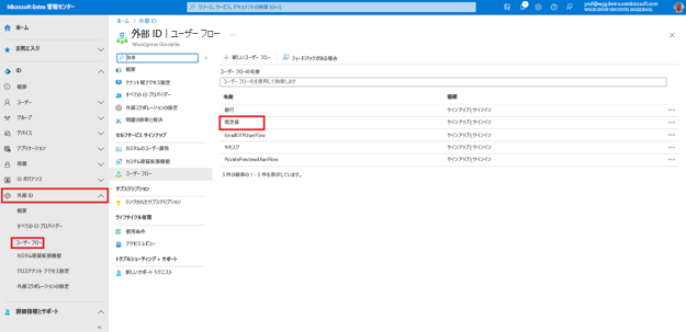 グリッド一覧で、[既定] というタイトルのユーザー フローが強調表示されている [外部 ID ユーザー フロー] ブレードのスクリーンショット。