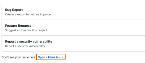[Open a blank issue]\(空の問題を開く\) オプションが強調表示されている issue テンプレート メニューのスクリーンショット。