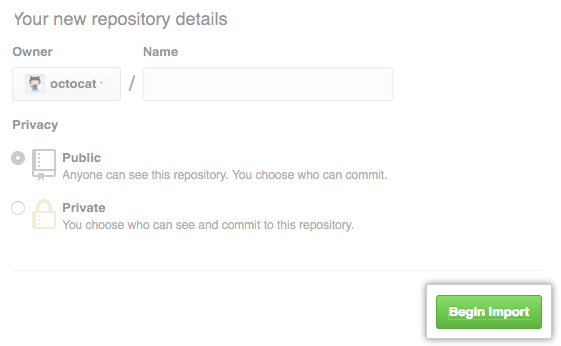 Screenshot of the begin import button for a new repository import.