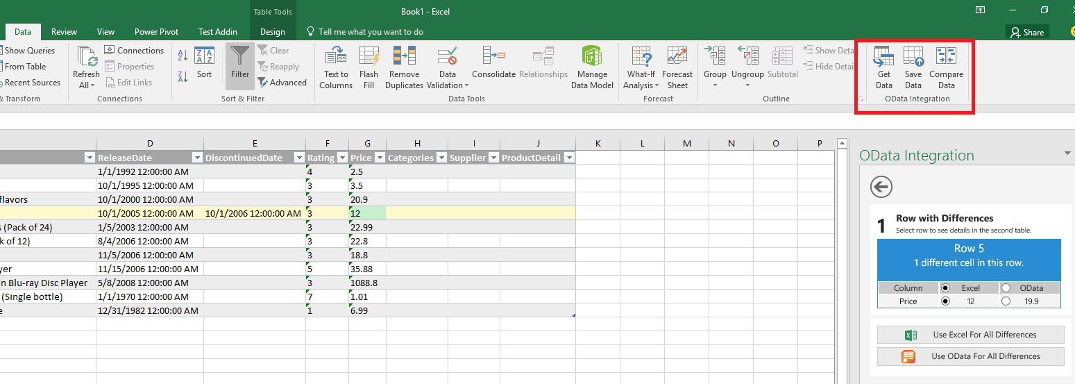 Excel のアドイン コマンドのスクリーンショット。