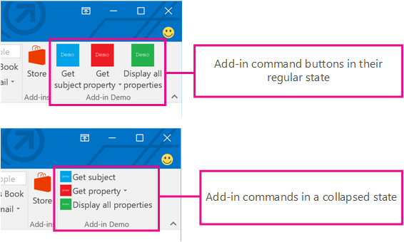 Outlook のアドイン コマンドのスクリーンショット。