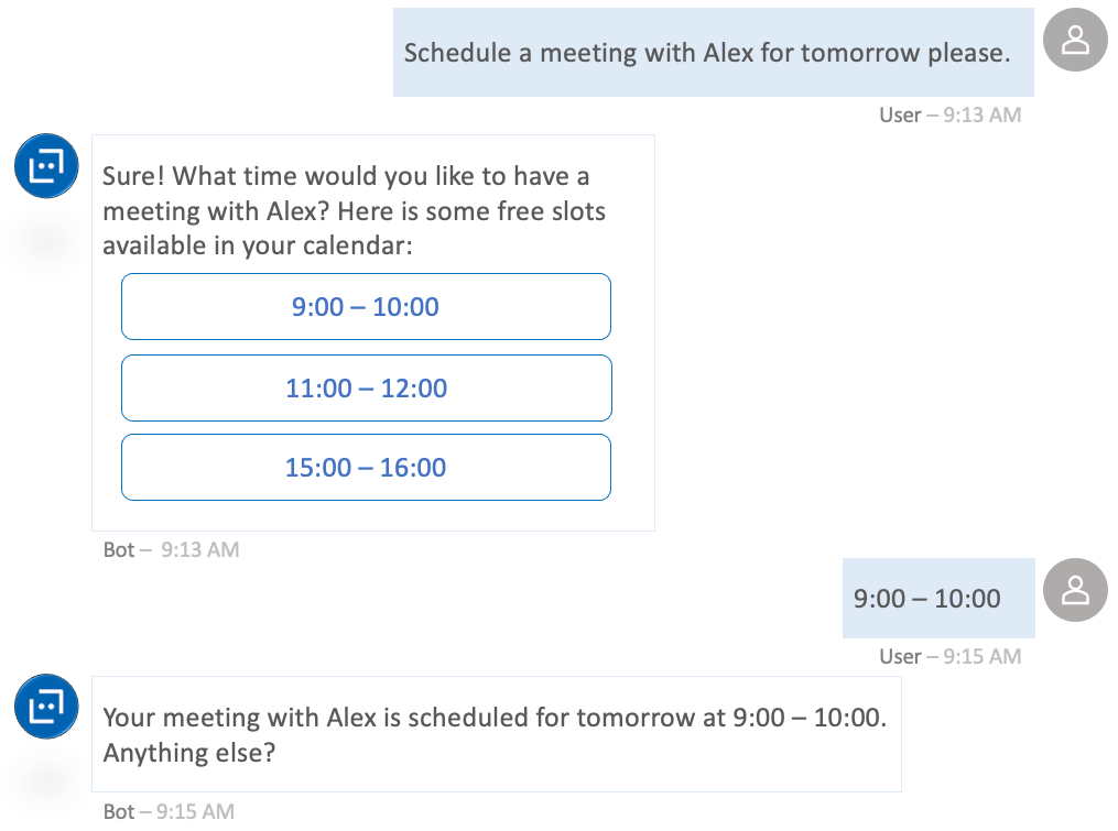 生産性ソリューションとして Microsoft Graph Outlook カレンダー API を利用するチャットボットを示しているスクリーンショット。