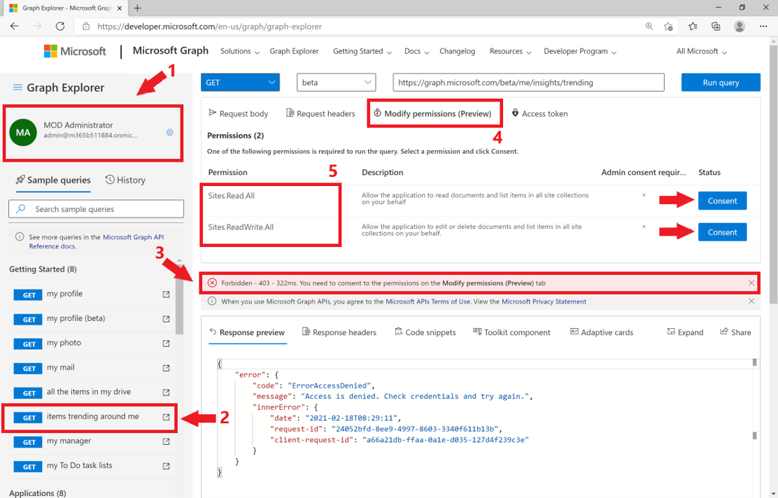 Graph エクスプローラーで自分のアカウントを使用してクエリをテストする方法を示すスクリーンショット。