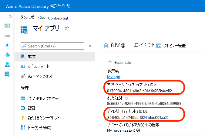 アプリとディレクトリの識別子をコピーする方法を示すスクリーンショット。