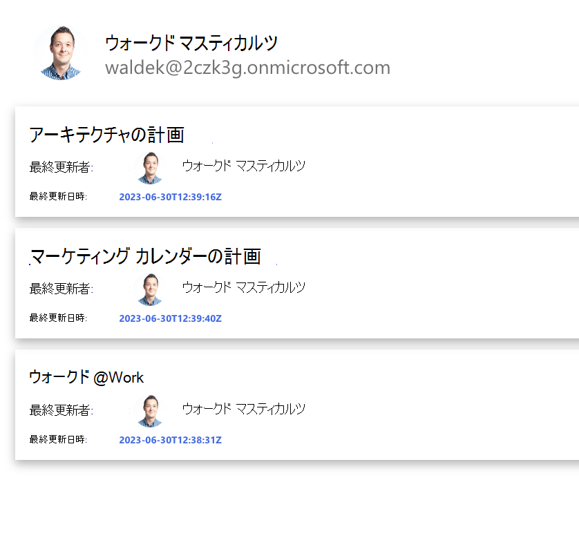 Microsoft Graph ツールキットの People コンポーネントを示すスクリーンショット。