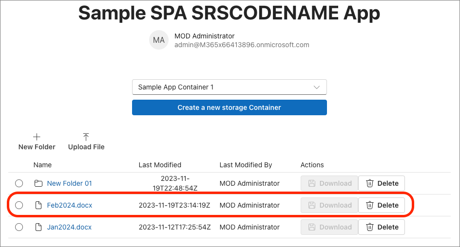 コンテナーに表示される新しいファイルのスクリーンショット。