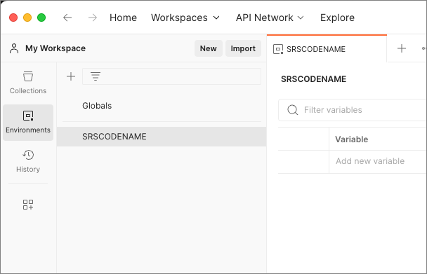 新しい Postman 環境のスクリーンショット。
