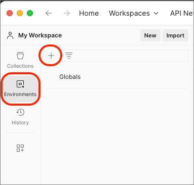 新しい環境を作成する Postman のスクリーンショット。