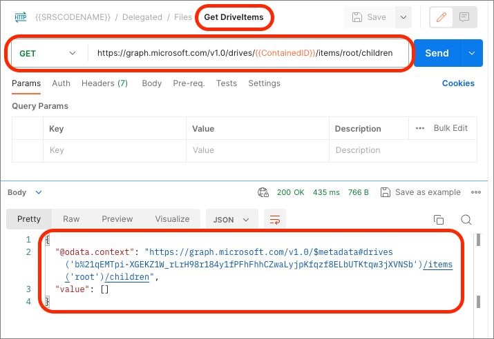 既存の Microsoft Graph の v1.0 Drive エンドポイントと DriveItems エンドポイントを使用したコンテナーの内容を示すスクリーンショット。