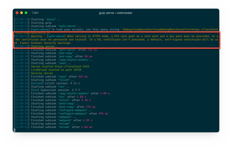 Gulp serve コマンド実行後に警告が表示されたターミナル ウィンドウのスクリーンショット。