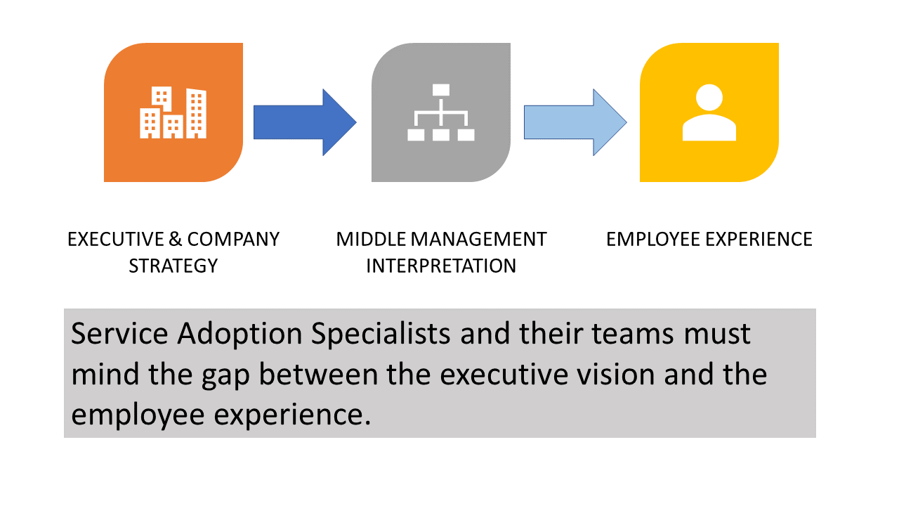 戦略と経験との差を示す図。サービス導入スペシャリストとそのチームは、経営ビジョンと従業員の経験のギャップに注意する必要があります。