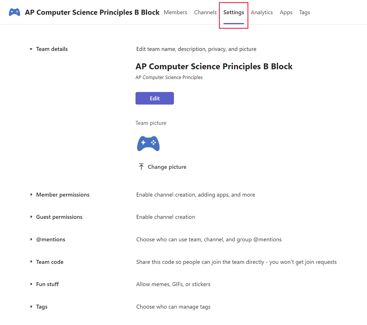 Screenshot of team management Settings tab in Microsoft Teams.