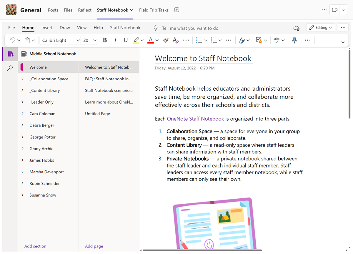 Microsoft Teamsの OneNote スタッフ ノートブックのスクリーンショット。