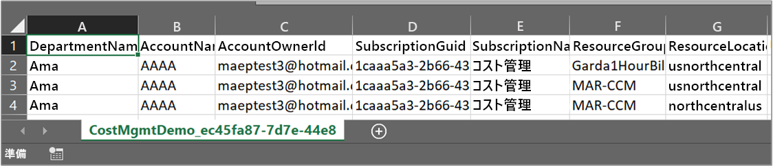 Screenshot of example exported CSV data shown in Excel.