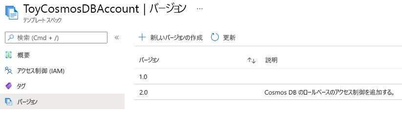 Screenshot of the Azure portal interface for the template spec, showing the list of versions as 1.0 and 2.0.