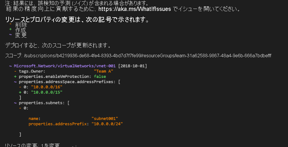 What-If 操作の出力を示す Azure CLI のスクリーンショット。