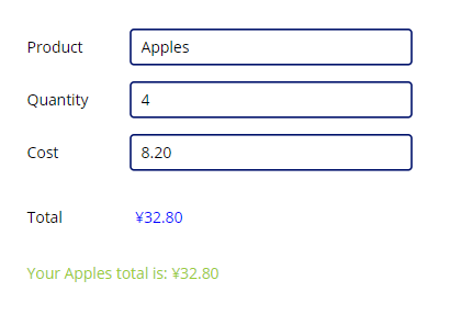 製品フィールドに Apples と入力され、概要メッセージが黄緑色のテキストで表示されていることを示すスクリーンショット。