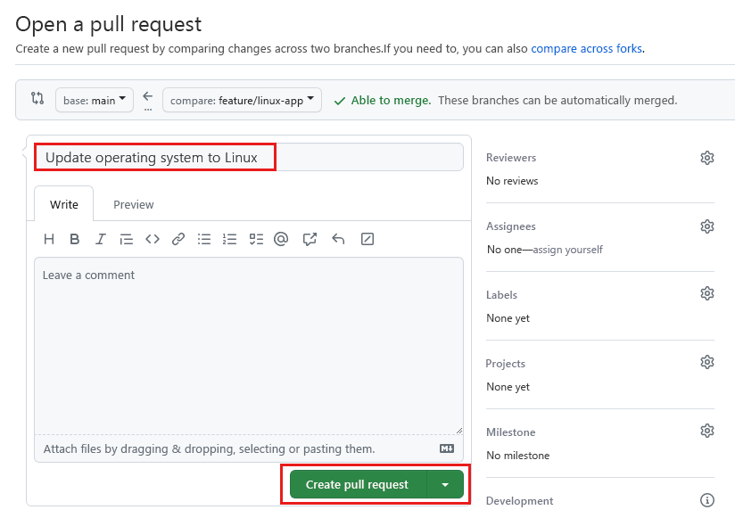 GitHub の [Open a pull request] (pull request を開く) ペインのスクリーンショット。[pull request の作成] ボタンが表示されています。