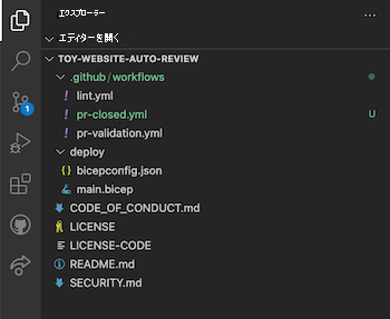 workflows フォルダー内の P R closed ドット Y M L ファイルを示す Visual Studio Code のスクリーンショット。