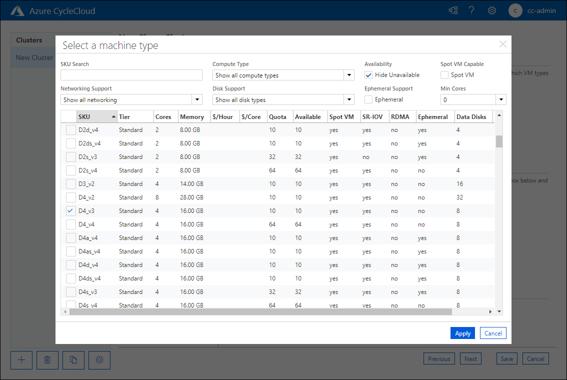 Azure CycleCloud Web アプリケーションの [新しい Slurm クラスター] ページの [マシンの種類を選択してください] ポップアップ ウィンドウ タブを示すスクリーンショット。