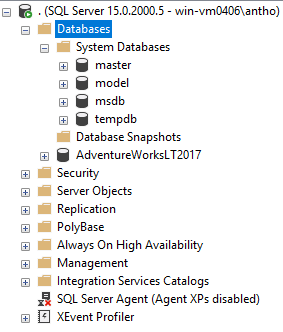 Screenshot of what a SQL Server 2019 deployment looks like in SSMS.