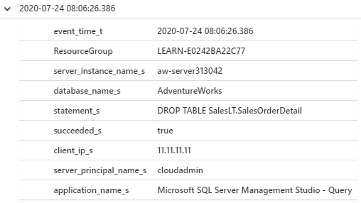 Log Analytics の結果を示すスクリーンショット。