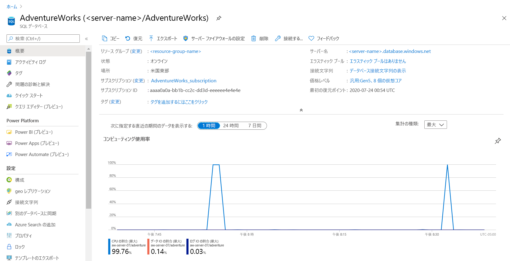 Azure portal でのコンピューティング比較のスクリーンショット。