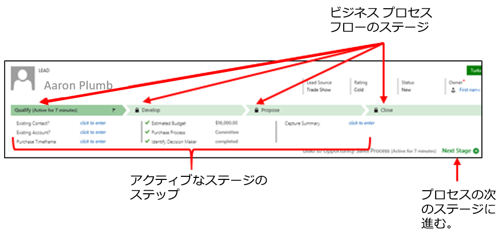 ビジネス プロセス フローにおけるステージ、有効なステージ内のステップ、強調表示された [次の手順] ボタンのスクリーンショット。